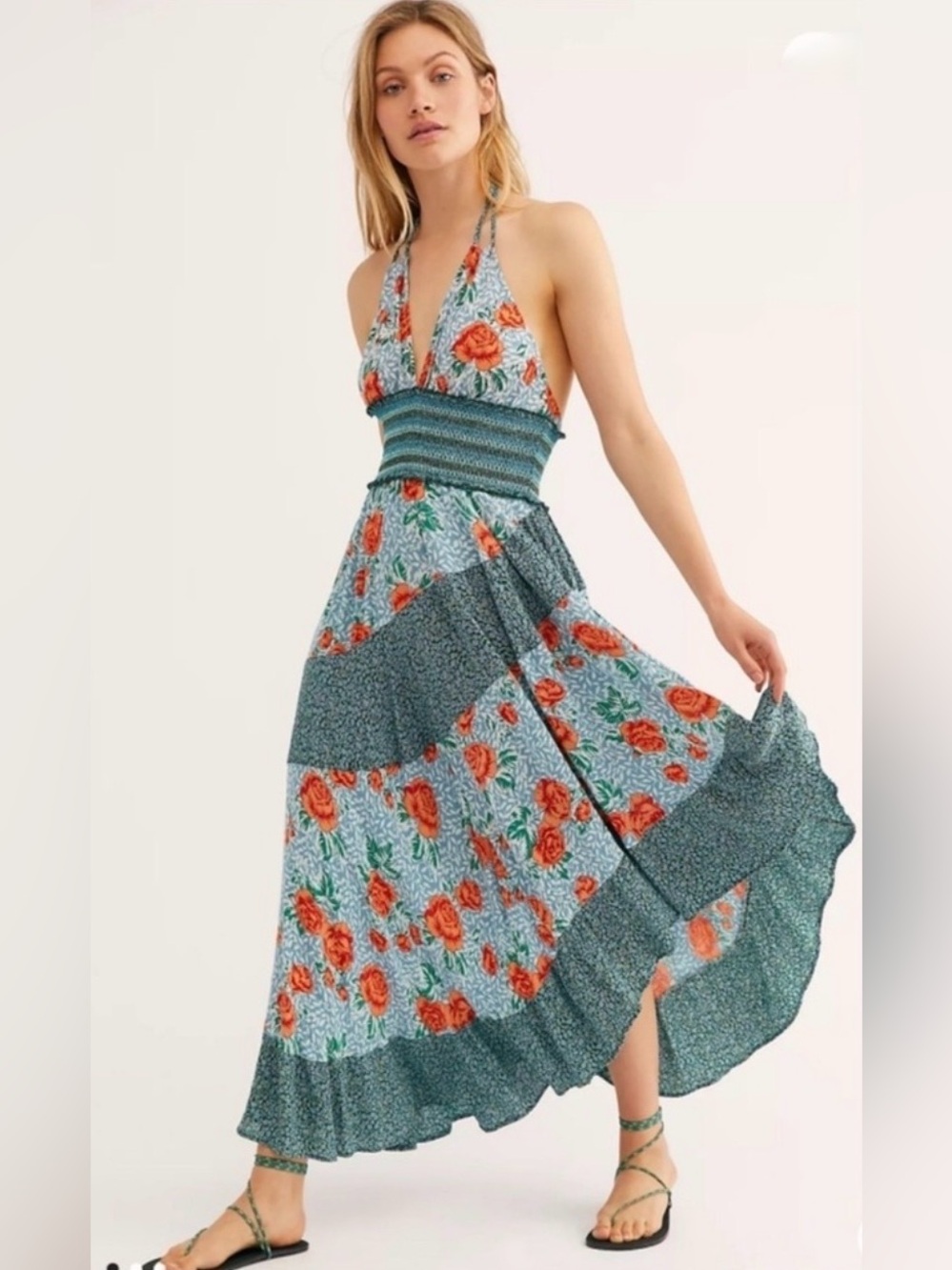 Free People Gabriella Slip Dress in Teal and Red Floral